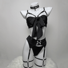 Kobine Women's Grunge Bowknot Sexy Strappy Lingerie Set with Garter & Gloves