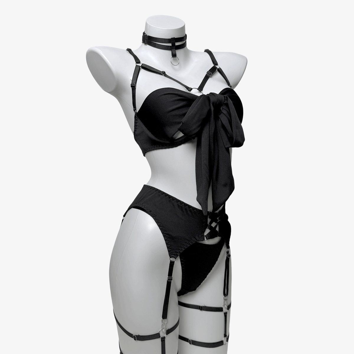 Kobine Women's Grunge Bowknot Sexy Strappy Lingerie Set with Garter & Gloves