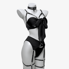 Kobine Women's Grunge Bowknot Sexy Strappy Lingerie Set with Garter & Gloves