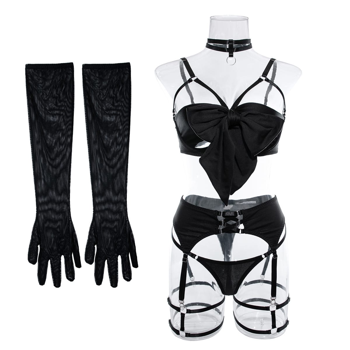 Kobine Women's Grunge Bowknot Sexy Strappy Lingerie Set with Garter & Gloves