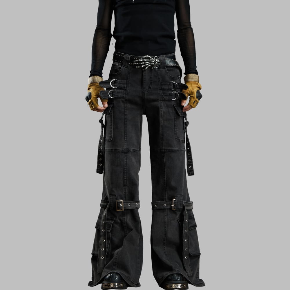 Kobine Women's Grunge Buckle Straps Multi Pockets Flare Pants