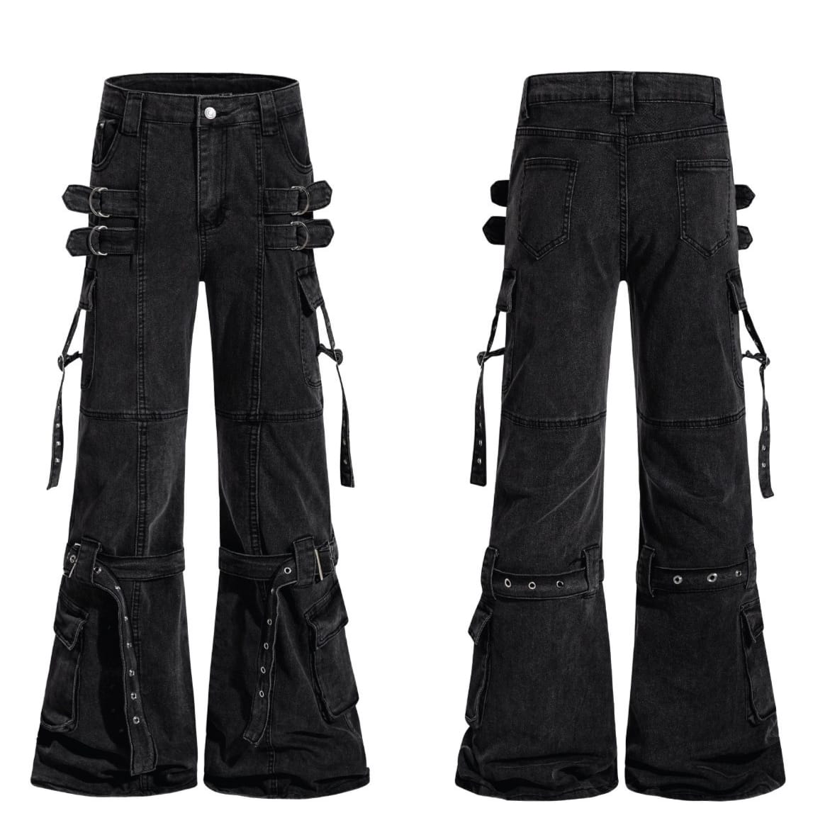 Kobine Women's Grunge Buckle Straps Multi Pockets Flare Pants