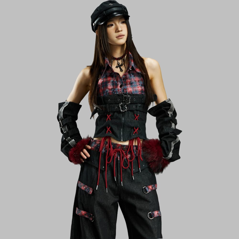 Kobine Women's Grunge Buckle Straps Plaid Patchwork Crop Top with Sleeves