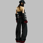 Kobine Women's Grunge Buckle Straps Plaid Patchwork Crop Top with Sleeves