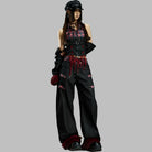 Kobine Women's Grunge Buckle Straps Plaid Patchwork Crop Top with Sleeves