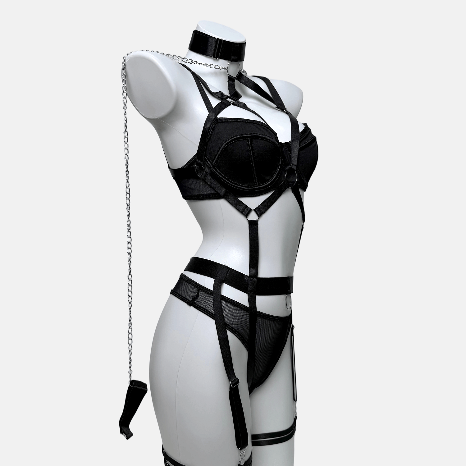 Kobine Women's Grunge Chain Ring Linked Choker Sexy Harness Lingerie Set