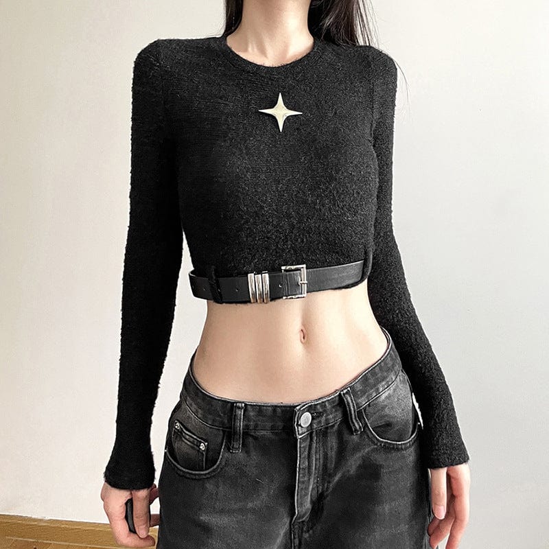 Kobine Women's Grunge Crew Neck Long Sleeved Crop Top with Belt