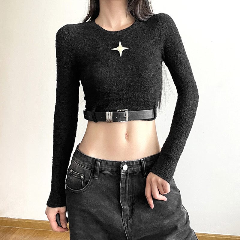 Kobine Women's Grunge Crew Neck Long Sleeved Crop Top with Belt