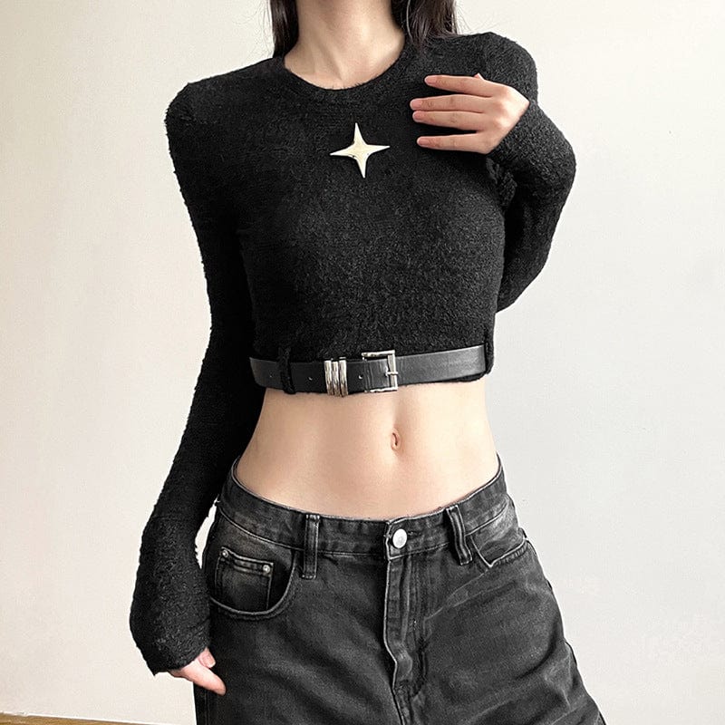 Kobine Women's Grunge Crew Neck Long Sleeved Crop Top with Belt