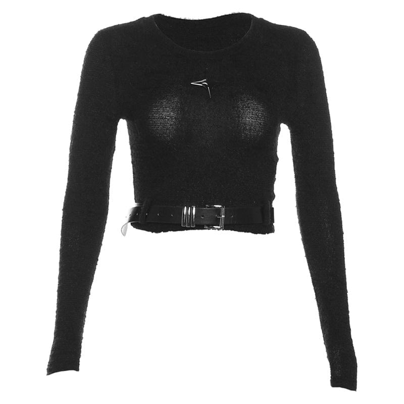 Kobine Women's Grunge Crew Neck Long Sleeved Crop Top with Belt