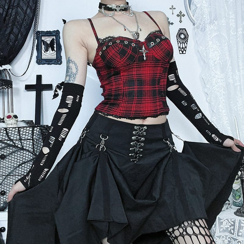 Kobine Women's Grunge Cross Lace Hem Plaid Bustier