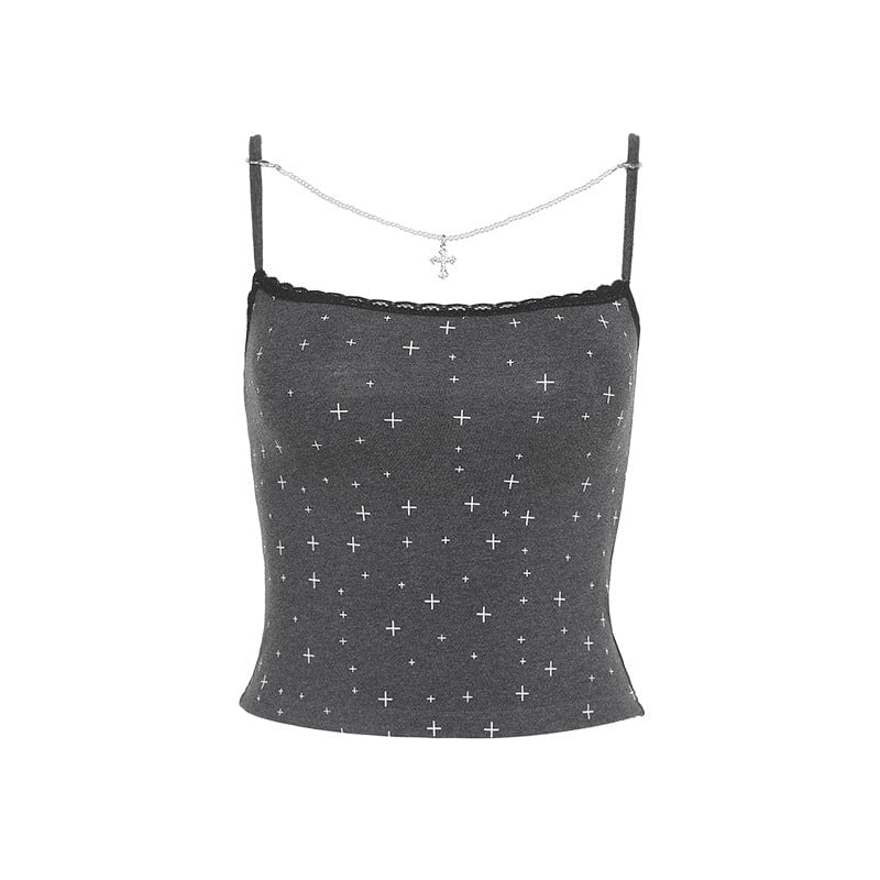 Kobine Women's Grunge Cross Printed Tank Top with Cross Chain