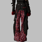 Kobine Women's Grunge Detachable Waist Flap Plaid Patchwork Cargo Pants