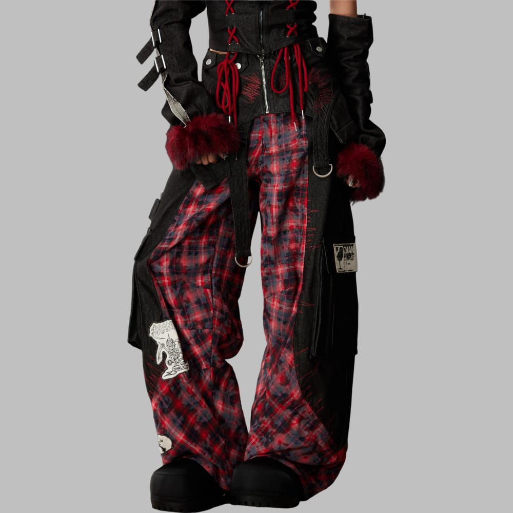 Kobine Women's Grunge Detachable Waist Flap Plaid Patchwork Cargo Pants