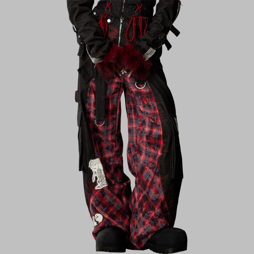 Kobine Women's Grunge Detachable Waist Flap Plaid Patchwork Cargo Pants