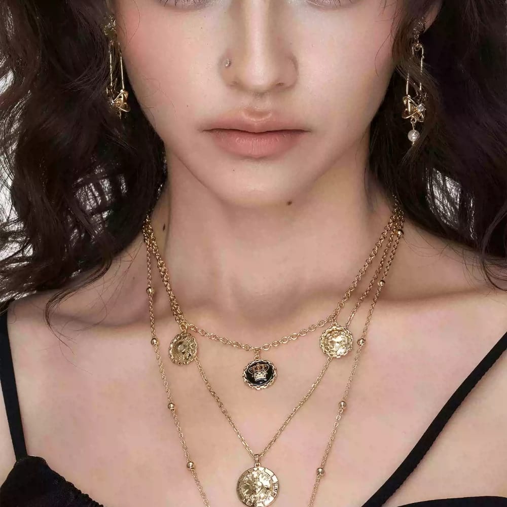 Kobine Women's Grunge Embossed Medallions Layered Necklace