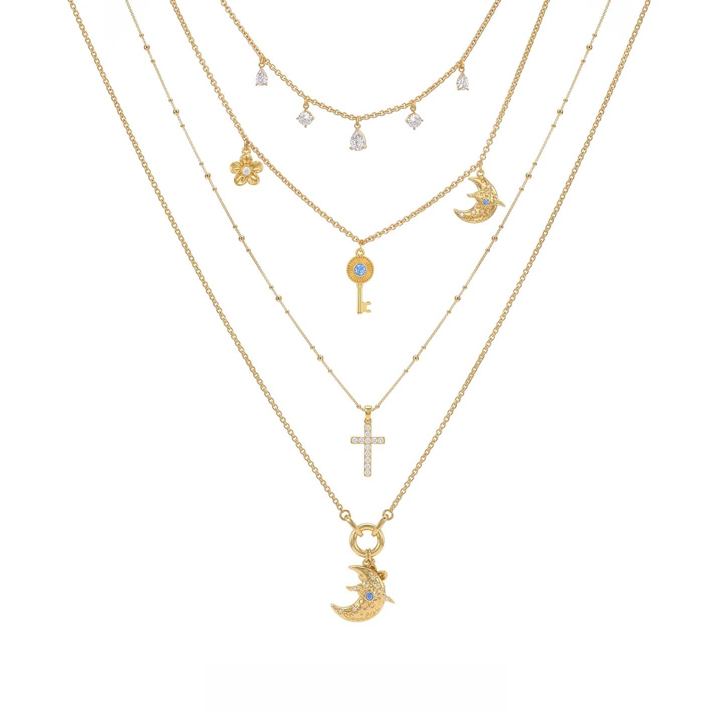 Kobine Women's Grunge Floral Key Crescent Layered Necklace
