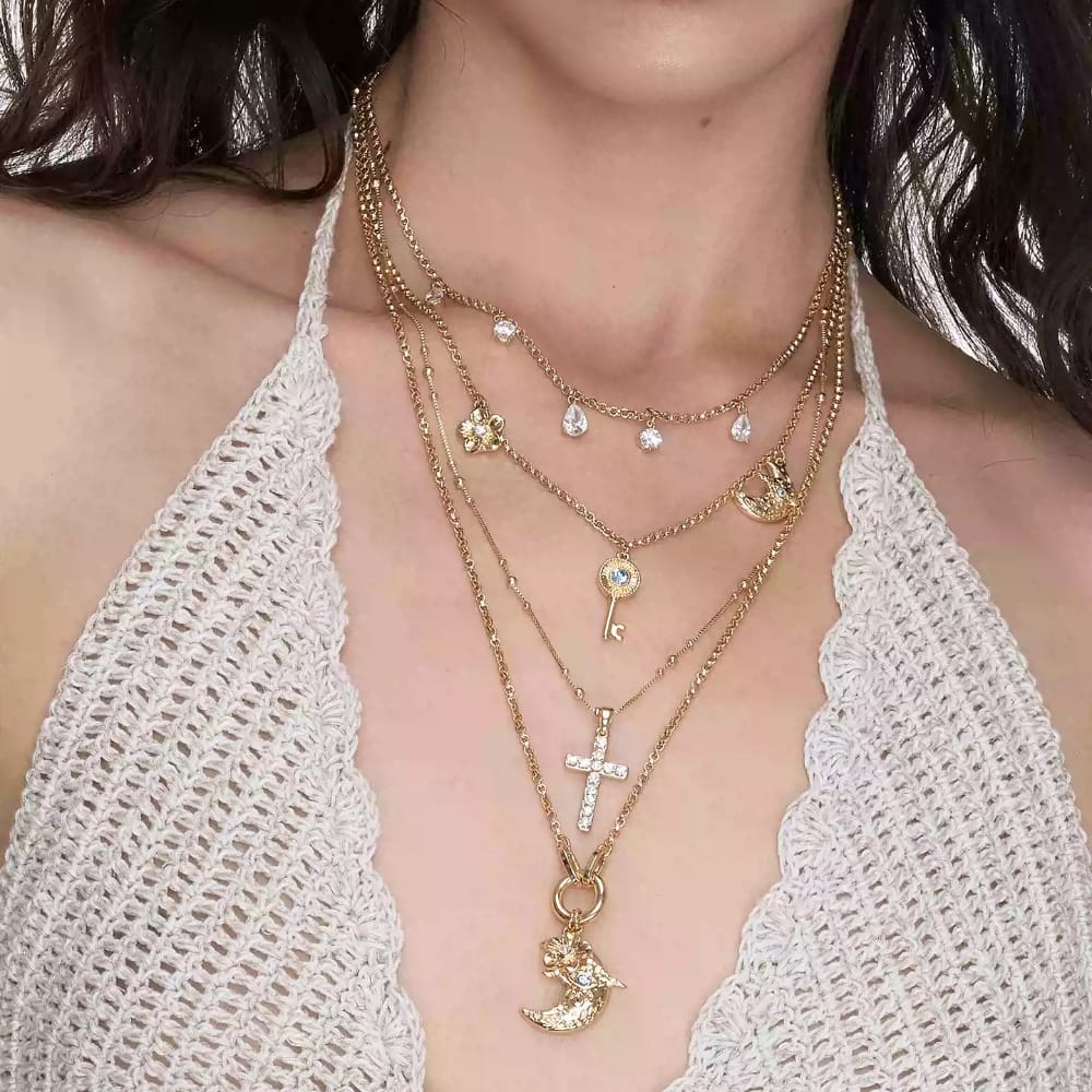 Kobine Women's Grunge Floral Key Crescent Layered Necklace
