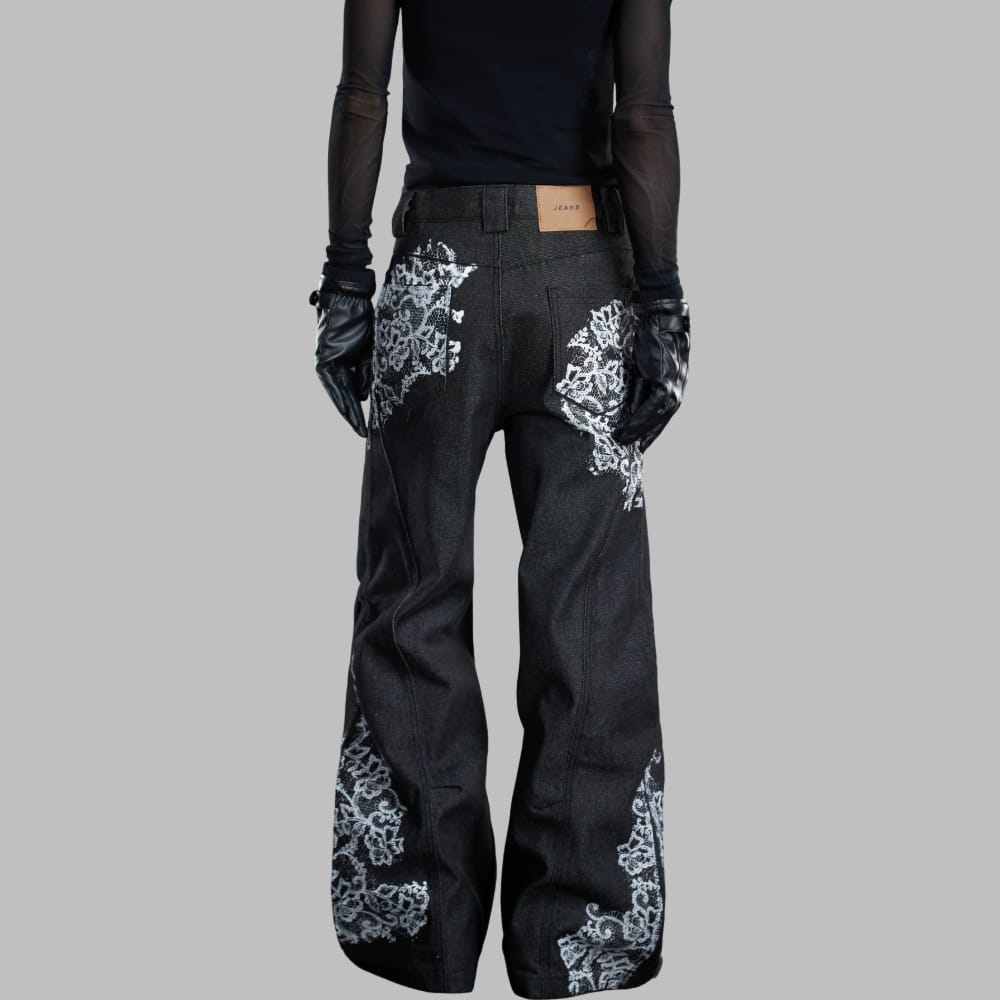 Kobine Women's Grunge Floral Lace Embroidered Flare Pants