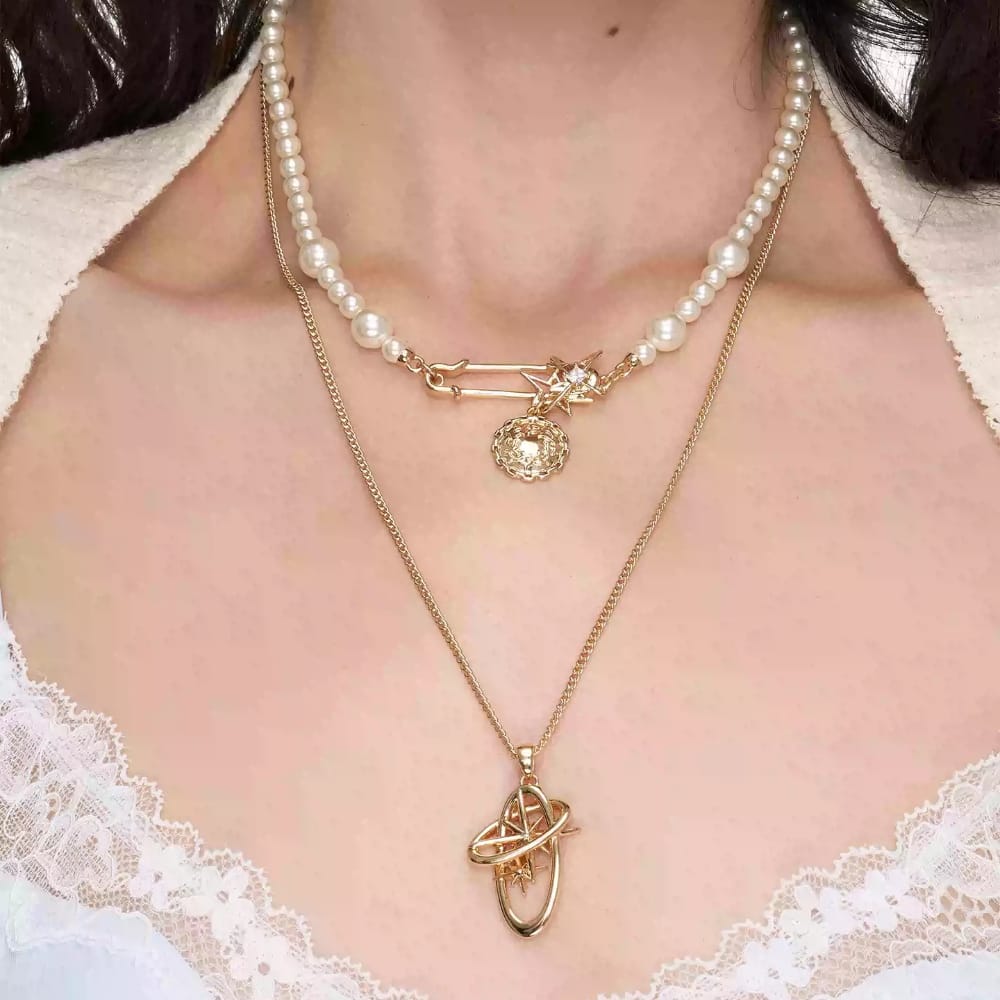 Kobine Women's Grunge Geometry Star Pearl Double Layer Necklace