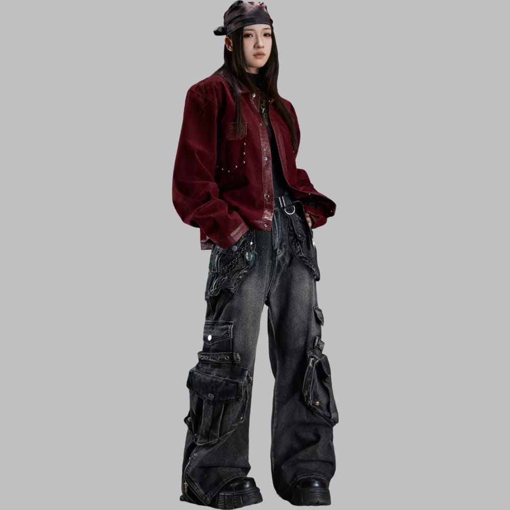 Kobine Women's Grunge Graphic Print Wide Leg Pants with Detachable Waist Sash