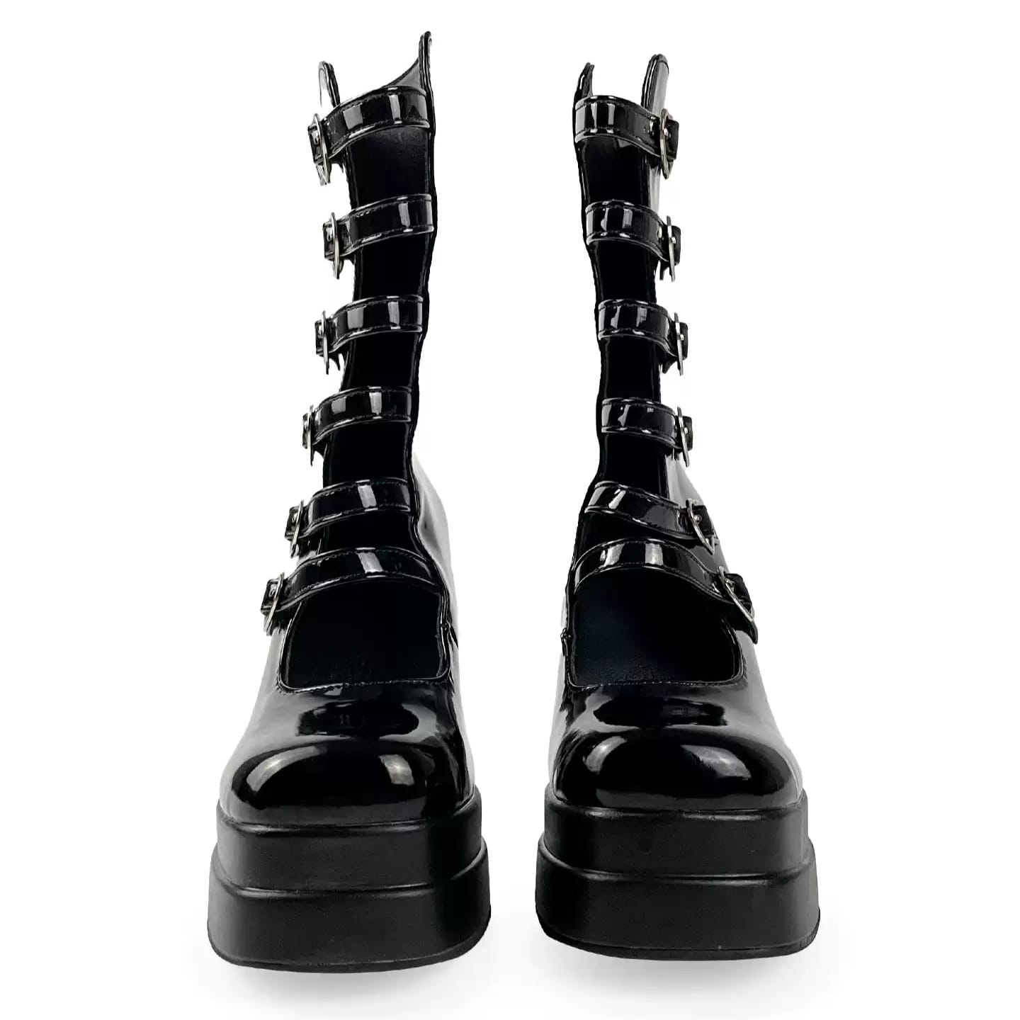 Kobine Women's Grunge Heart Buckles Layered Straps Platform Block Heel Boots