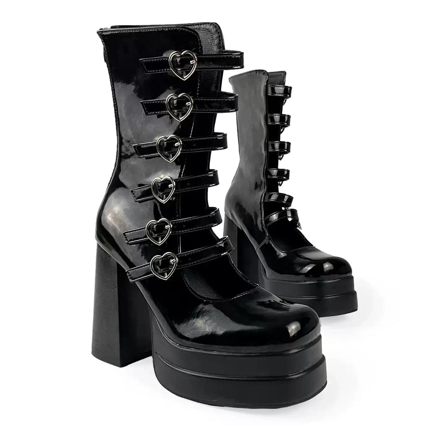 Kobine Women's Grunge Heart Buckles Layered Straps Platform Block Heel Boots