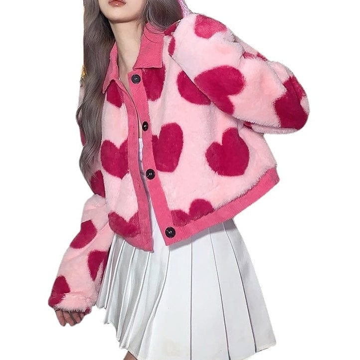 Kobine Women's Grunge Heart Printed Fluffy Coat