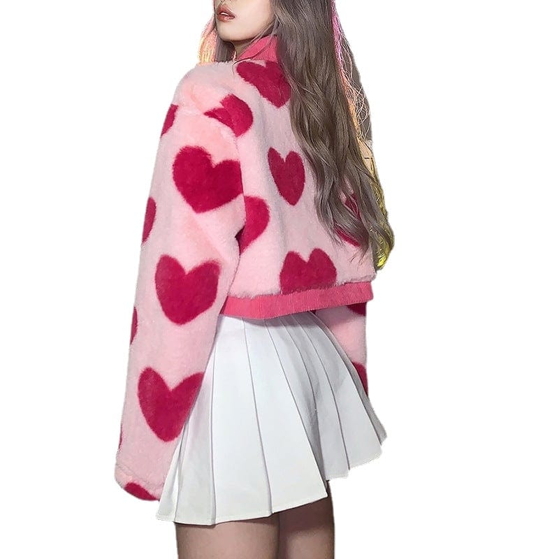 Kobine Women's Grunge Heart Printed Fluffy Coat