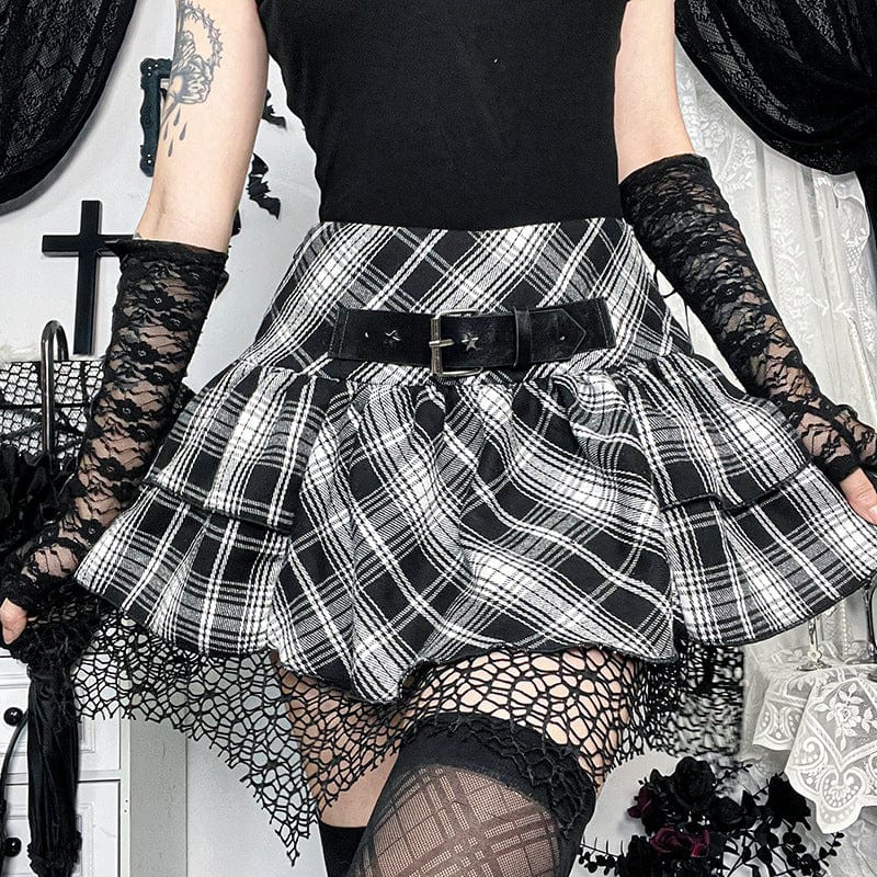 Kobine Women's Grunge High-waisted Mesh Splice Plaid Skirt