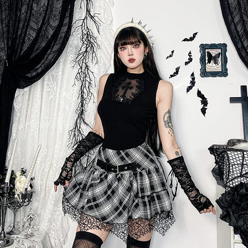 Kobine Women's Grunge High-waisted Mesh Splice Plaid Skirt