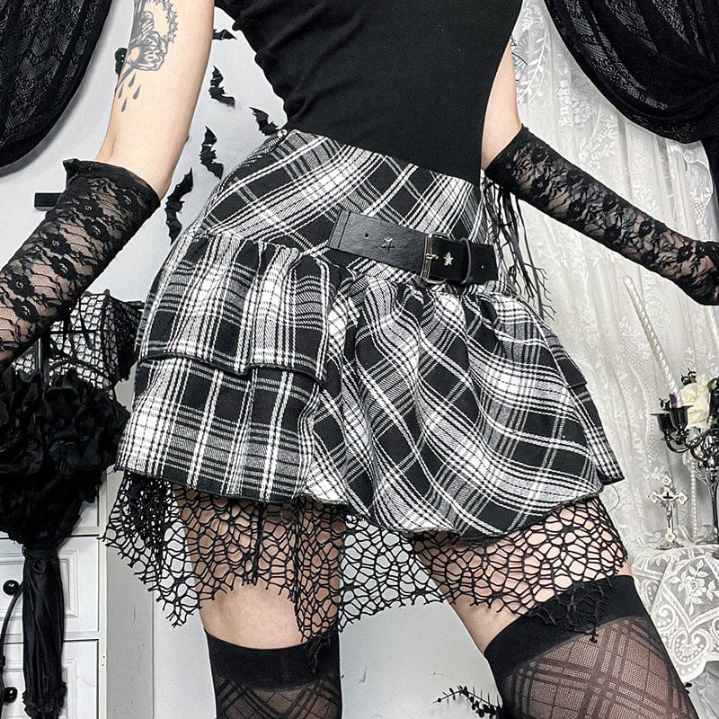 Kobine Women's Grunge High-waisted Mesh Splice Plaid Skirt