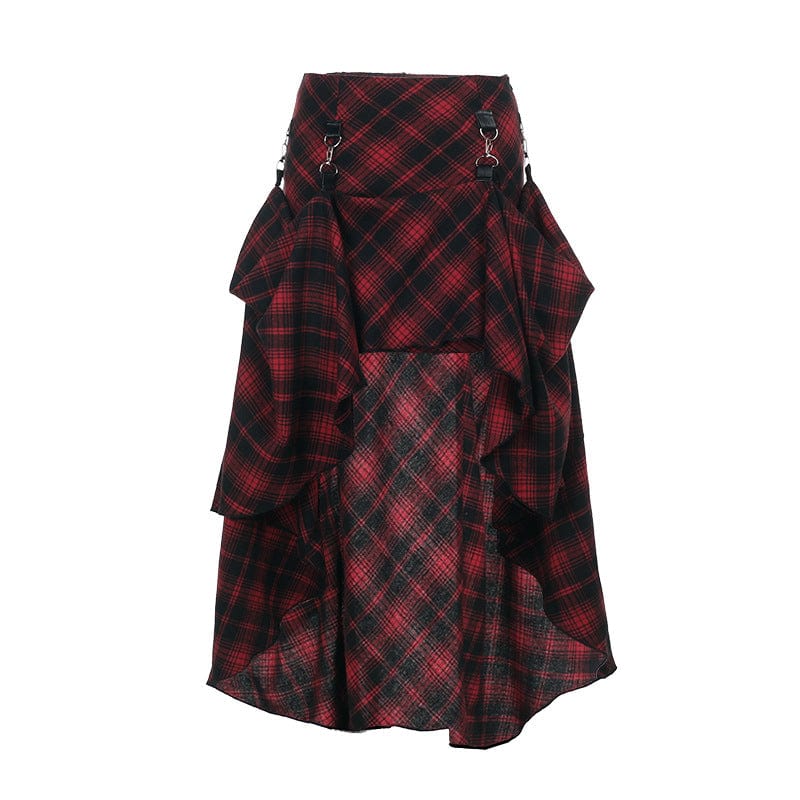 Kobine Women's Grunge Irregular Buckle Plaid Skirt