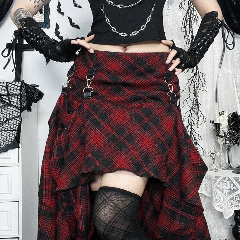 Kobine Women's Grunge Irregular Buckle Plaid Skirt