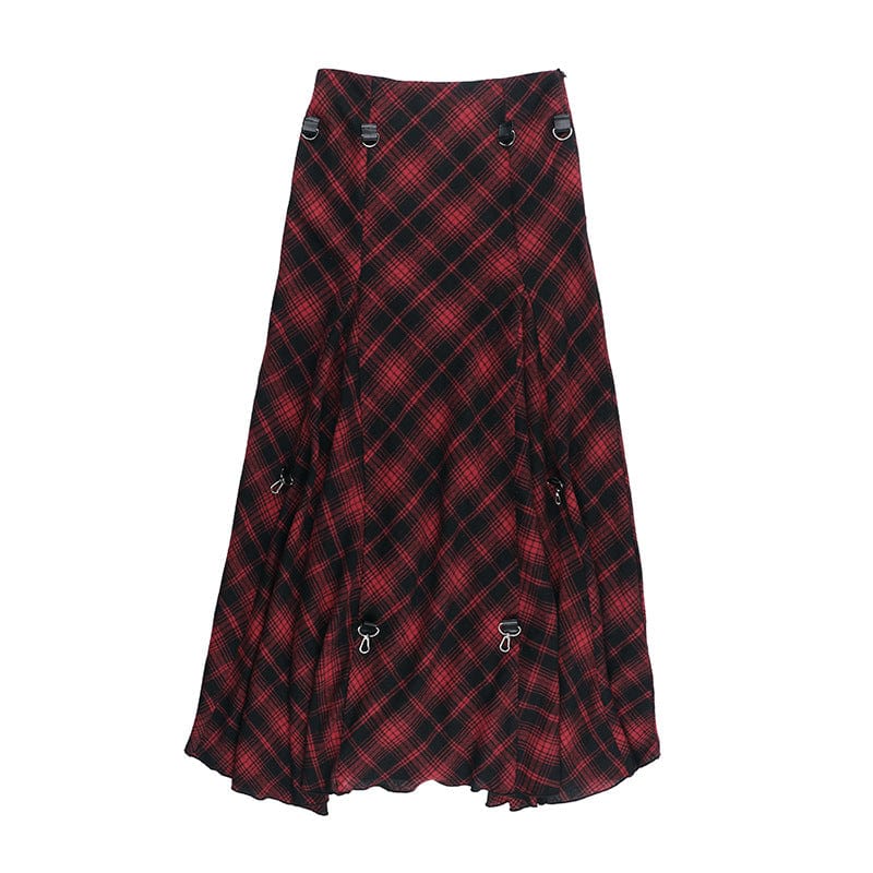 Kobine Women's Grunge Irregular Buckle Plaid Skirt