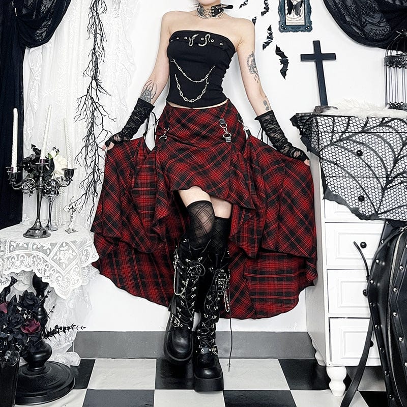 Kobine Women's Grunge Irregular Buckle Plaid Skirt