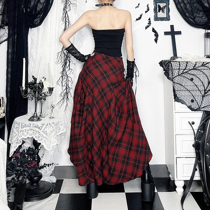 Kobine Women's Grunge Irregular Buckle Plaid Skirt