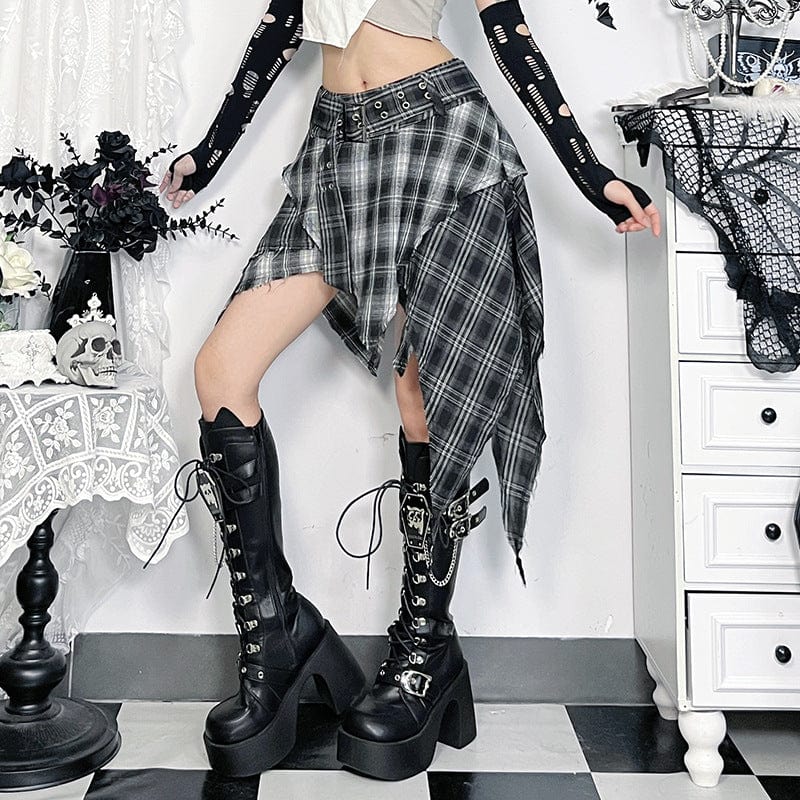 Kobine Women's Grunge Irregular Buckle Plaid Skirt