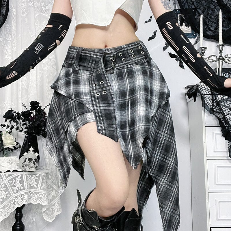 Kobine Women's Grunge Irregular Buckle Plaid Skirt