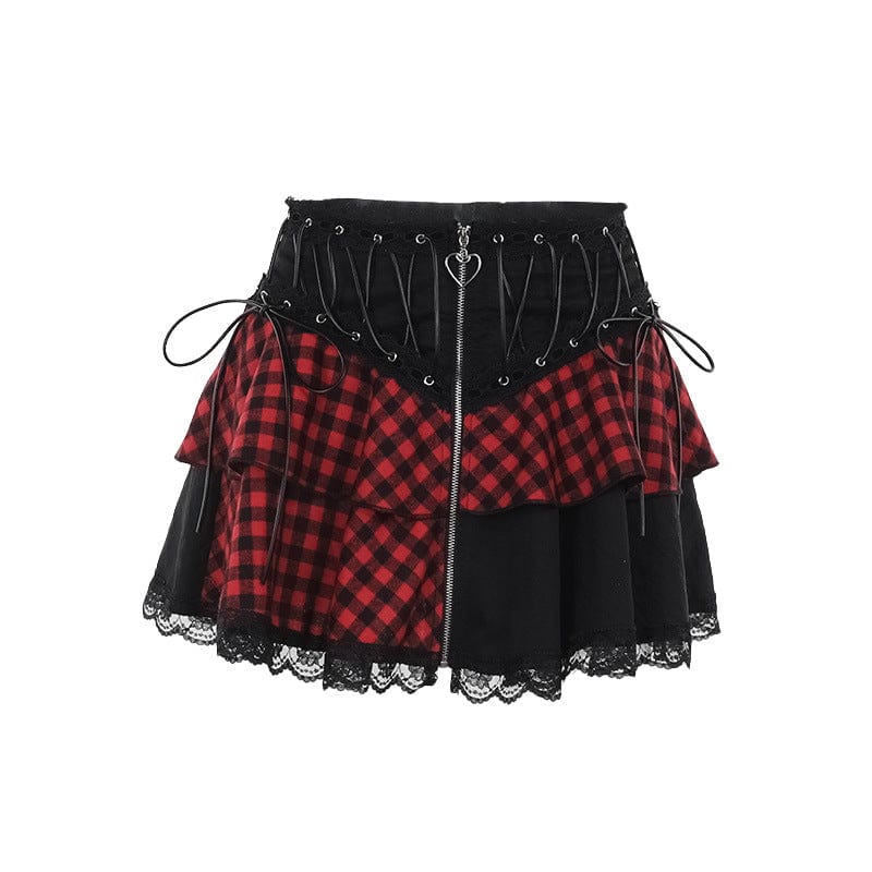 Kobine Women's Grunge Lace Plaid Short Skirt Black Red