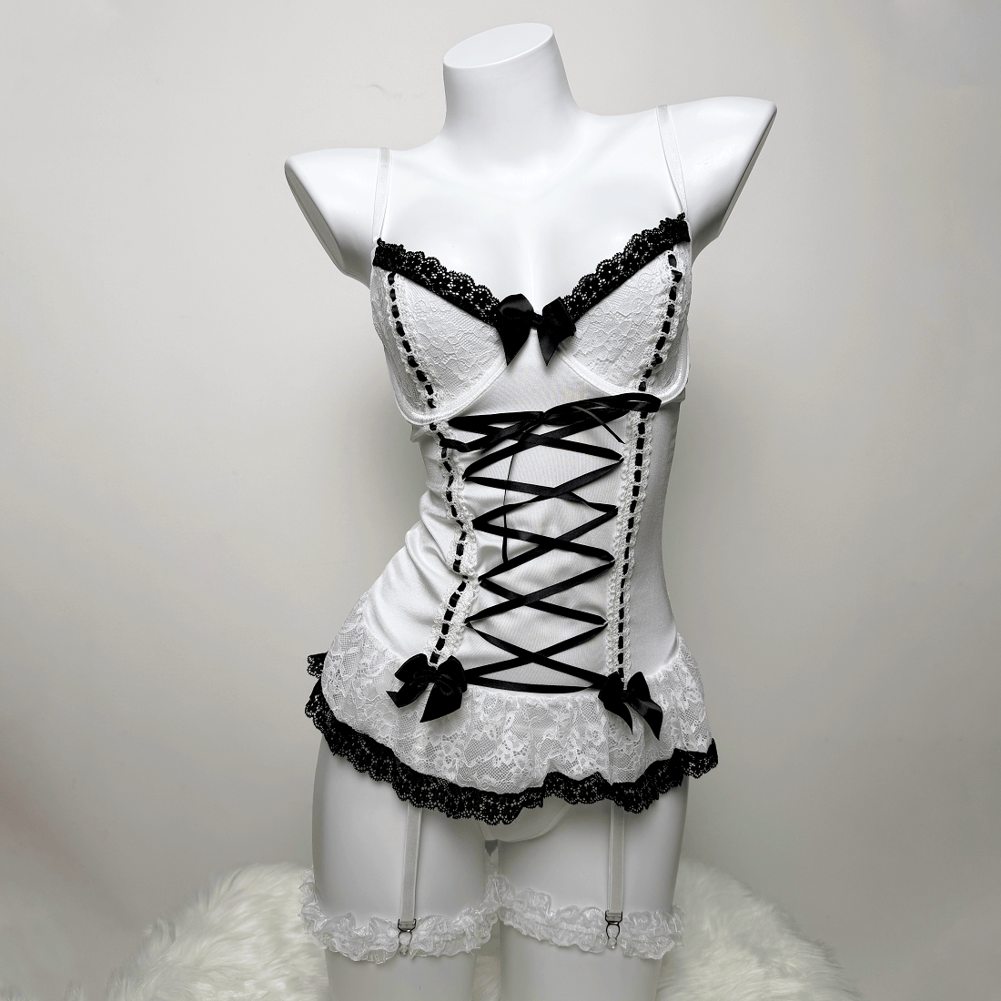 Kobine Women's Grunge Lace Ruffled Lace-up Sexy Lingerie Set with Garter