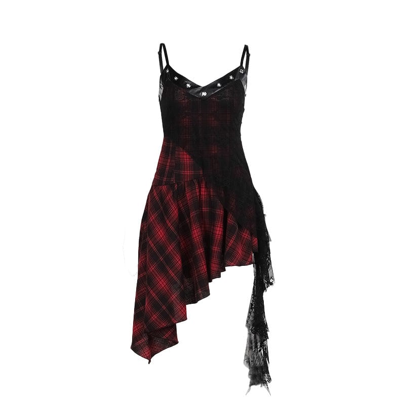 Kobine Women's Grunge Lace Splice Plaid Music Festival Slip Dress