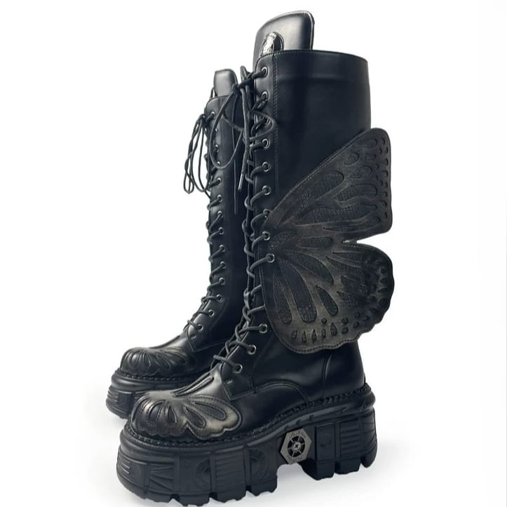 Kobine Women's Grunge Lace‑up Butterfly Wing Platform Chunky Sole Boots