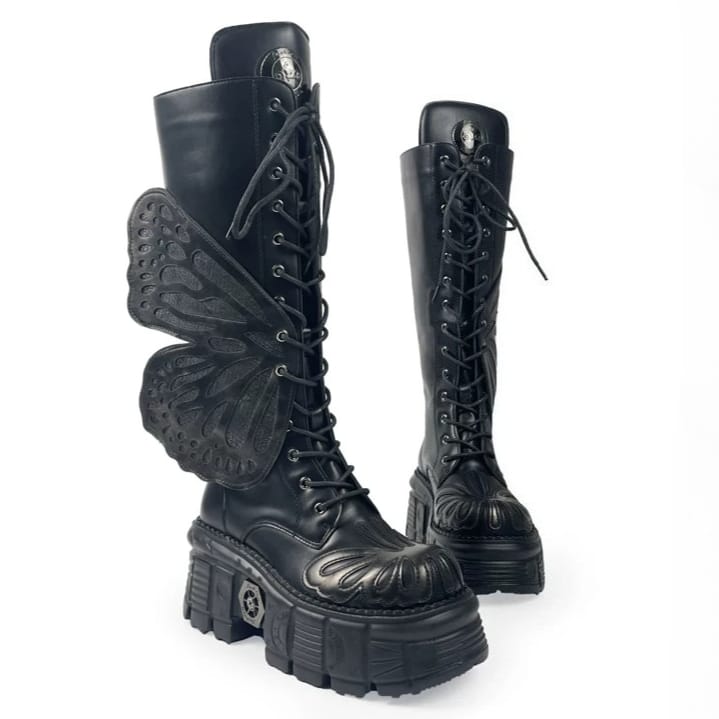 Kobine Women's Grunge Lace‑up Butterfly Wing Platform Chunky Sole Boots
