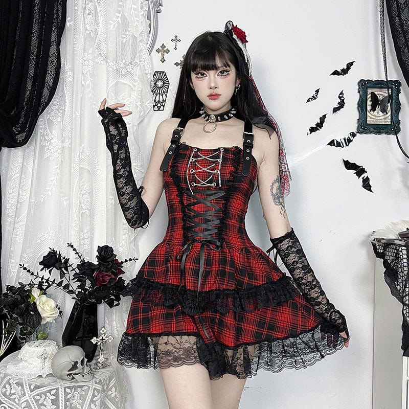 Kobine Women's Grunge Lace-up Lace Splice Plaid Party Slip Dress