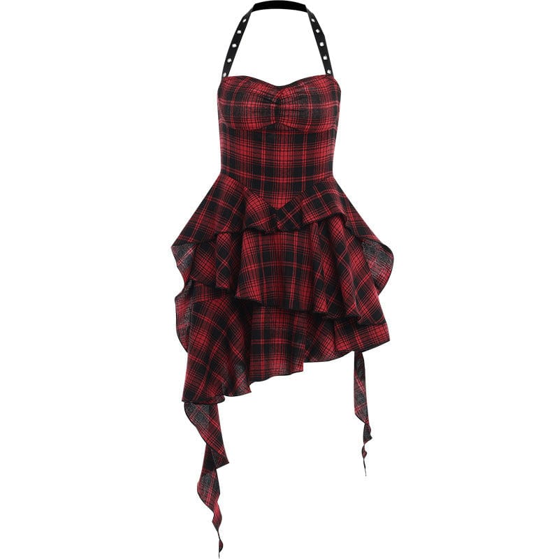 Kobine Women's Grunge Layered Haterneck Plaid Dress