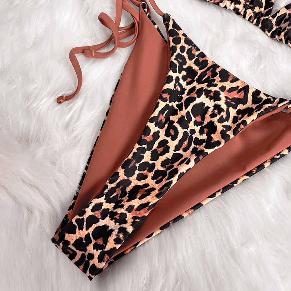 Kobine Women's Grunge Leopard Print Halter Side Tie Bikini Set