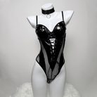 Kobine Women's Grunge Mesh Splice Lace-up Sexy One-piece Lingerie with Choker