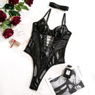Kobine Women's Grunge Mesh Splice Lace-up Sexy One-piece Lingerie with Choker