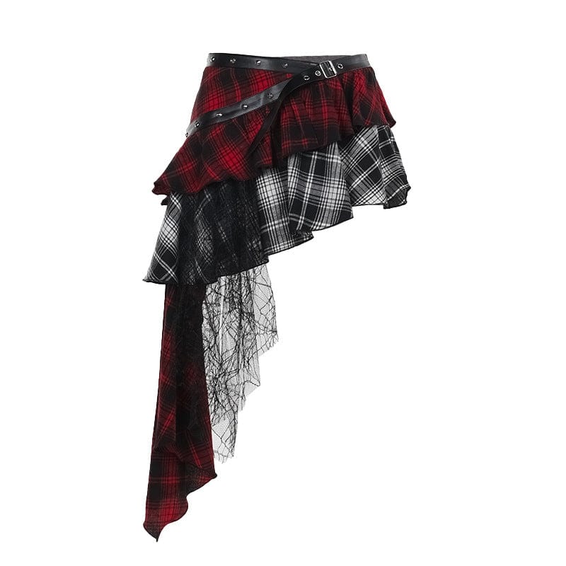 Kobine Women's Grunge Plaid Irregular Hem Skirt Black Red